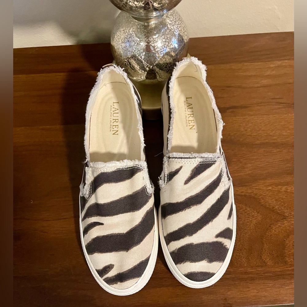 Lauren Ralph Lauren Jinny Fray Zebra print Canvas Slip-on Sneakers - 7 1/2